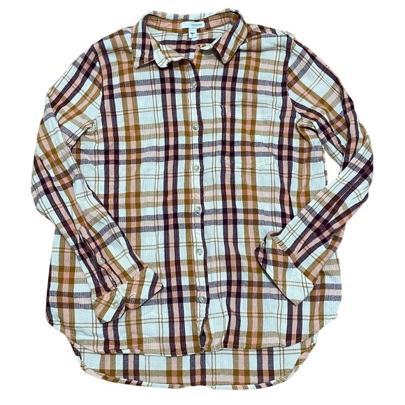 Sonoma Womens Flannel Plaid‎ Shirt Long Sleeve Button Up Top Brown Pink - Picture 1 of 5